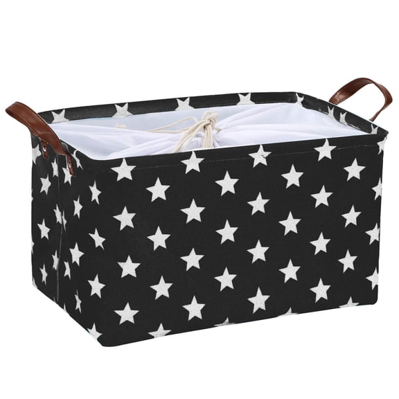 Sea Team Stylish Star Pattern Canvas Fabric Storage Basket Collapsible Geometric Design Storage Bin with Drawstring Cover and PU Leather Handles, 16.5 by 11.8 inches, Black
