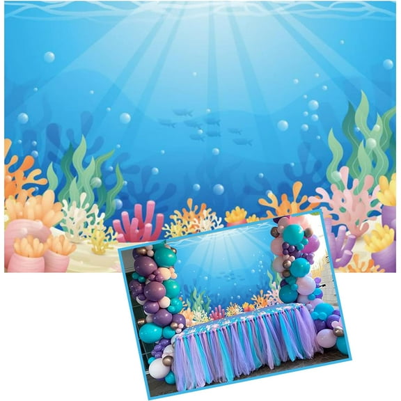 Under The Sea Theme Backdrop Colorful Reefs and Algae Decoration Underwater World Backdrops Sun Ray Ocean Photography Background Baby Kids Sea Theme Party Cake Table Banner