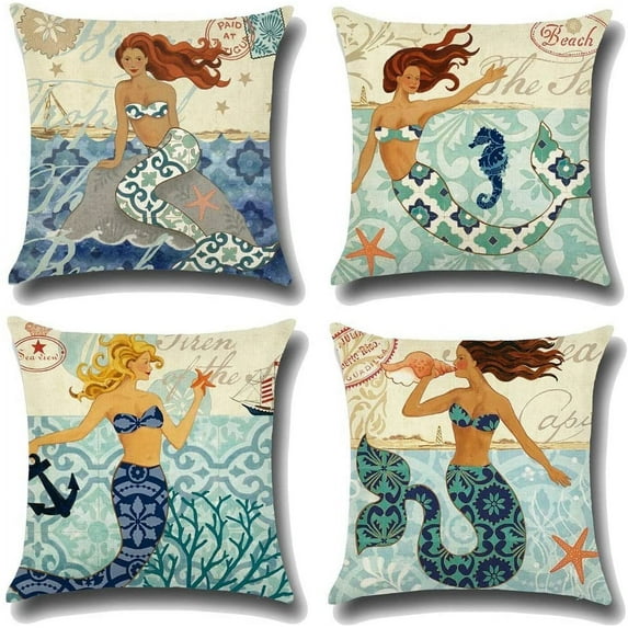Sea Theme Decorative Square Mediterranean Style Cotton Linen Mermaid Coastal Pillow Cover Ocean Animal Cushion Cover 18 X 18 Inch Pillow Inserts, Nautical Pillow Covers