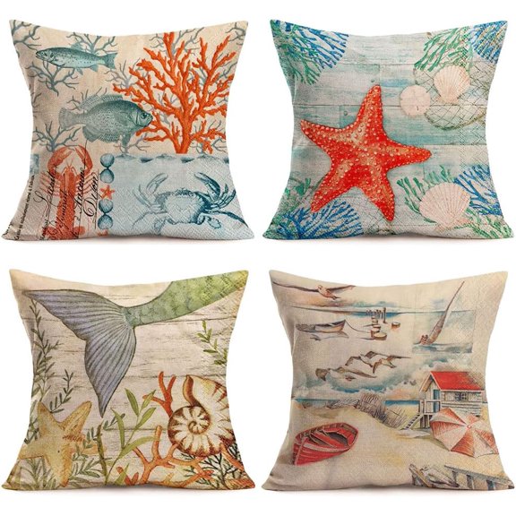 Sea Theme Throw Pillow Case Starfish Fish Crab Lobster Shell Coral Nautical Coastal Cotton Linen Outdoor Decor Throw Pillow Cover Rustic Farmhouse Cushion Case Set of 4, 18x18 inch (an)