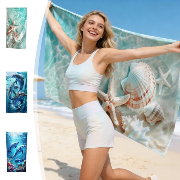 Sea Themed Beach Towel 67x29in Microfiber Fast Dry Absorbent Soft Dolphin Seashell Print Oversized Swim Towel for Beach Pool Travel by Xuniizn