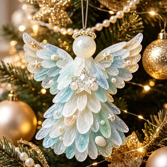 Sea‑Themed Coastal Angel Christmas Ornament, Coastal Sea Shell Christmas Ornaments, Beach Style Animal Tree Decor for Xmas Holiday Home Decoration (F)