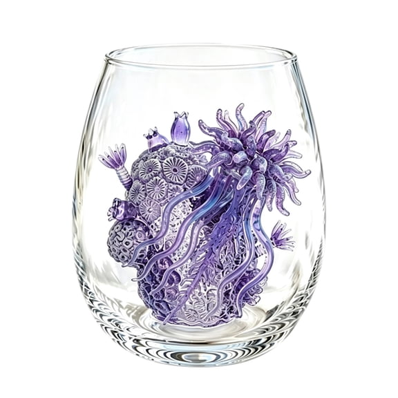 Sea Themed Stemless Wine Glasses, Printed Sea Turtle, Jellyfish, Stingray Drinking Glassware Tumbler, Beach Themed Housewarming Gift (1PC, P)