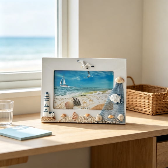 Sea Themed Wooden Picture Frame with Scallop Fish Shapes, Multicolor Photo Frame, 7.87 x 5.91 Inches, 1 Pack