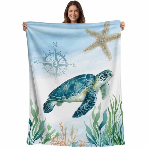 Sea Turles Starfish Throw Blankets, Ocean Seaweed Blue Soft Fleece Blanket Decorative for Home Sofa Couch Chair Living Bedroom, 40x50 inches,