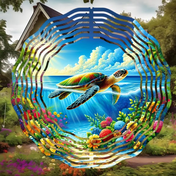 Sea Turtle 10 Inch Metal Wind Spinner, 3D Kinetic Outdoor Hanging Garden Decor for Yard Patio, Gift for Women and Men