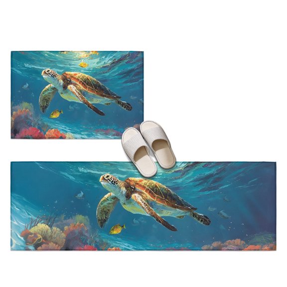 Sea Turtle 2 Pieces Non-Slip Kitchen Mat Set, Art Abstract Coastal Marine Life Reef Abyss Coral Soft Door Mat with Rubber Backing, Dirtproof Rugs for Entrance Doorway, 23.6x35.4in+23.6x70.9in