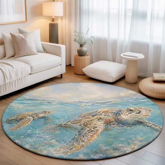 Sea Turtle 3' Round Rug for Bathroom Accent Bedside Corner, Coastal Nautical Tropical Coral Turquoise Ocean Wave Washable Non Slip Soft Circle Area Rug for Small Spaces Entryway