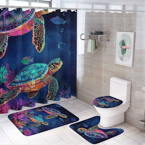 Sea Turtle 4 Piece Shower Curtain Set with Non-Slip Rugs, Toilet Lid Cover and Bath Mat, Bathroom Curtains Decor Set with Rugs and 12 Hooks, 72" x 72"