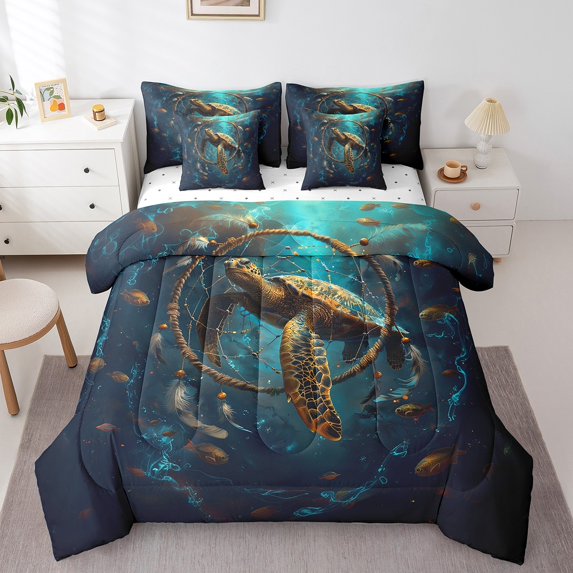 Sea Turtle 7 Piece Comforter Set Full Bed in a Bag,Dreamcatcher Bedding Sets,Boho Feather Sheet Set with Comforter Nautical Sea Animals Bed Set,Exotic Bohemian Decor