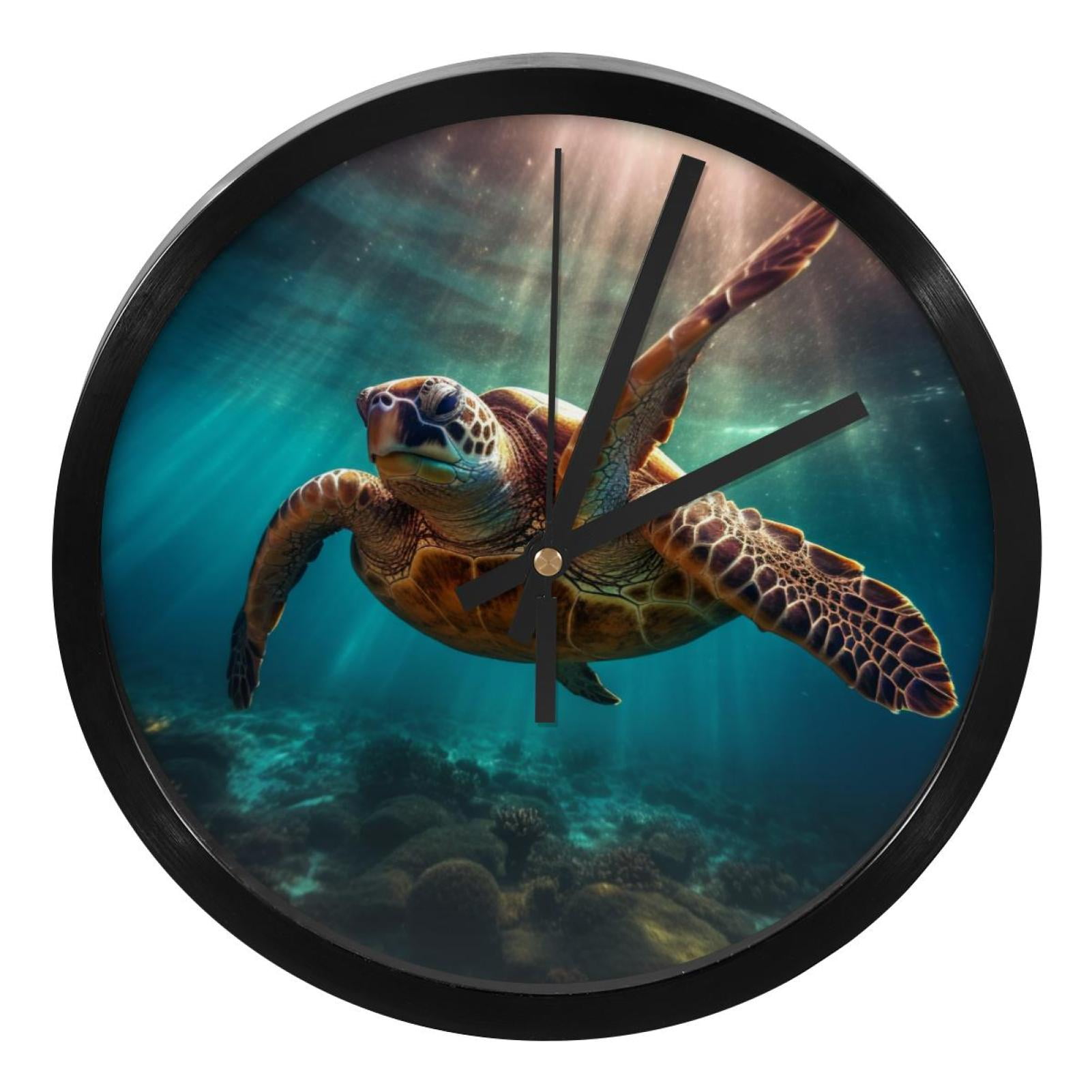 Sea Turtle 9.8 Inch Silent Round Digital Wall Clock, Battery Operated ...