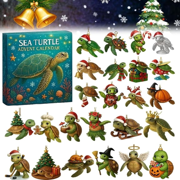 Sea Turtle Advent Calendar, 24 Days 3D Turtle Holiday Ornaments Countdown