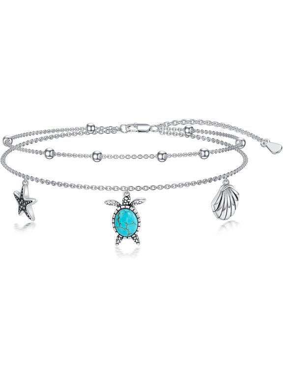 Sea Turtle Anklet 925 Sterling Silver Genuine Turquoise Gemstone Adjustable Layered Turtle Foot Bracelet Anklet Sea Life Jewelry for Women