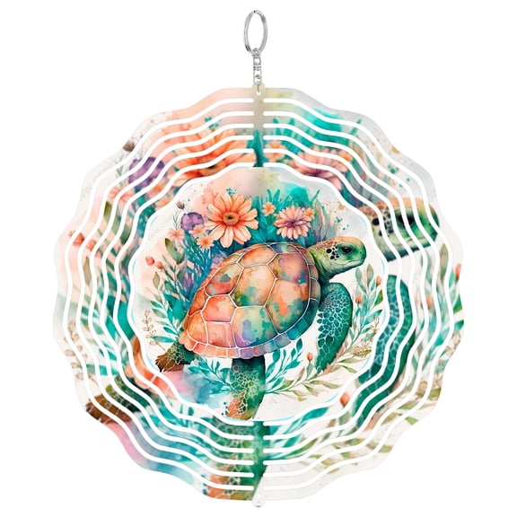 Sea Turtle Aqua Green Textured 3D Wind Spinner Aluminum Metal Ocean Theme Outdoor Decor Round