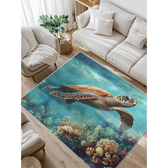 Sea Turtle Area Rug for Bedroom 4x6 Ft Nautical Turquoise Ocean Underwear Coral Retro Super Soft fuzzy Throw Rug Non-Slip Fluffy Plush Indoor Floor Carpet for Living Room Nursery Home Decor