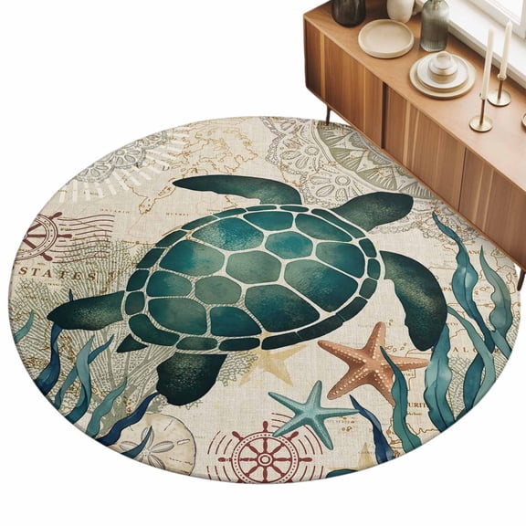 Sea Turtle Area Rug, Boho Summer Green Seaweed Starfish Rustic Mandalas Pattern Non-Slip Felt Rubber Backing Round Indoor Carpet Washable Rugs for Living Room Bedroom 4ft