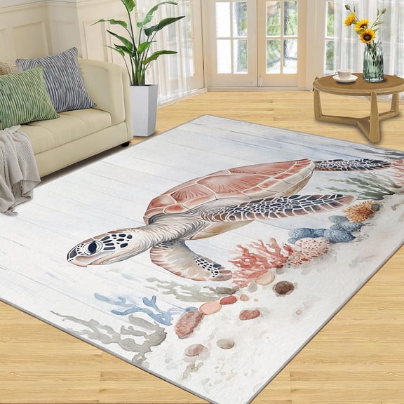 Sea Turtle Area Rug, Ocean Marine Animal Washable Rug, Non Slip Low Pile Carpet for Living Room Bedroom Home Decor 2x3ft