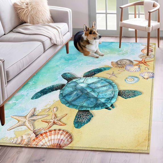 Sea Turtle Area Rugs 3x5 ft Summer Turquoise Ocean Watercolor Shell Conch Washable Rug Non Slip Indoor Carpet Absorbent Floor Mat for Living Room Bedroom Dining Room