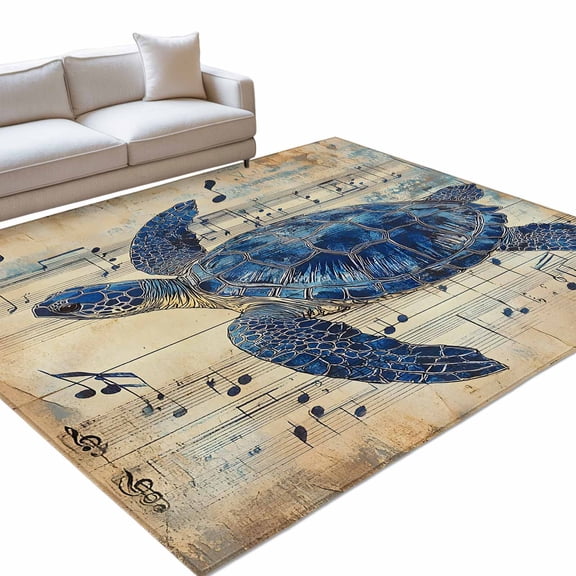 Sea Turtle Area Rugs 6x9ft Vintage Retro Navy Blue Turtle Sheet Music Texture Floor Rug Non Slip Low Pile Ultra Soft Throw Carpet for Entryway Indoor Entrance Kitchen Bathroom