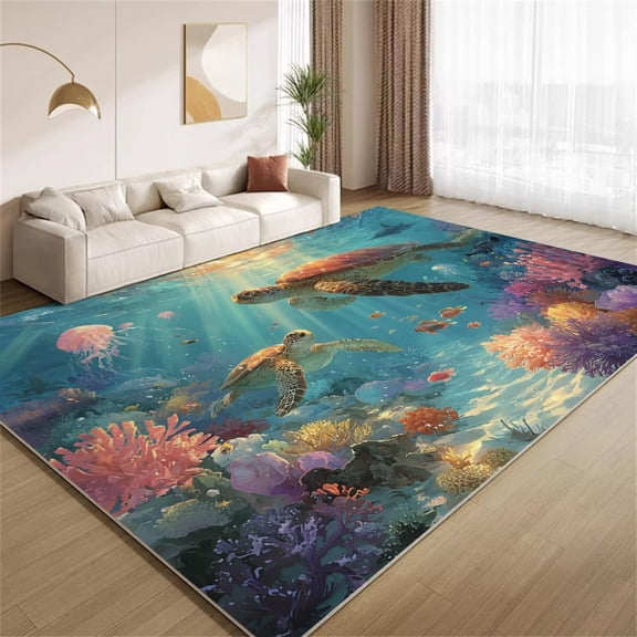 Sea Turtle Area Rugs, Ocean Animal Pattern Carpet, Washable Non Slip Low Pile Soft Rug for Living Room Bedroom Decor Mat 2ftx3ft