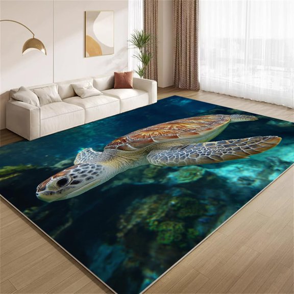 Sea Turtle Area Rugs, Underwater Ocean Oasis Pattern Carpet, Washable Non Slip Low Pile Soft Rug for Living Room Bedroom Decor Mat 2x3ft