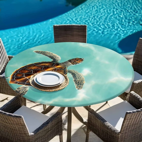 Sea Turtle Baby Swimming In Water Round Fitted Tablecloth with Elastic Edge,Waterproof Table Cloth Fits Tables Up to 36"-44",Washable Table Cover for Indoor Outdoor Dinning Party,Blue Green Ocean