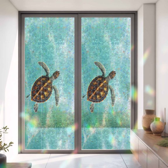 Sea Turtle Baby Swimming In Water Window Privacy Film,Decorative Windows Static Cling Blue Green Ocean Heat Control Removable Glass Sticker for Home Bathroom Bedroom Window Door,35x79in