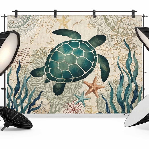 Sea Turtle Backdrop for Photography, Boho Summer Green Seaweed Starfish Rustic Mandalas Pattern Photo Backdrop Portrait Background Party Banner Photo Backgrounds for Studio Booth Props, 7x5ft