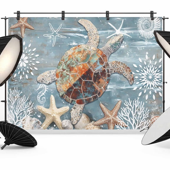 Sea Turtle Backdrop for Photography, Coral Starfish Coral Ocean Photo Backdrop Portrait Background Party Banner Photo Backgrounds for Studio Booth Props, 7x5ft