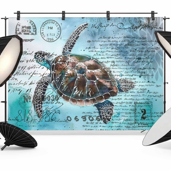Sea Turtle Backdrop for Photography,Fabric Photo Background Backdrop,Blue Coastal Nautical Summer Beach Vintage Photo Booth Background for Portrait Photoshoot Video Wedding Decoration Banner 7x5ft