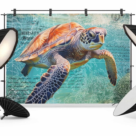 Sea Turtle Backdrop for Photography, Fabric Photo Background Backdrop, Coastal Nautical Ocean Summer Beach Photo Booth Background for Portrait Photoshoot Video Wedding Studio Decoration Banner 7x5ft