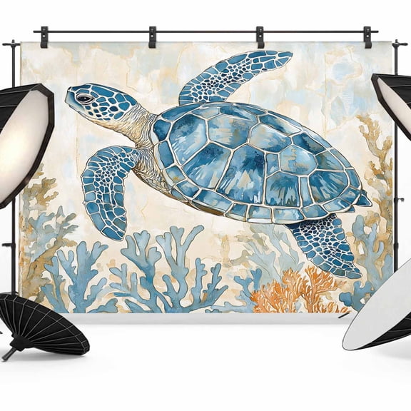 Sea Turtle Backdrop for Photography, Marine Animal Blue Gradient Photo Backdrop Portrait Background Party Banner Photo Backgrounds for Studio Booth Props, 7x5ft