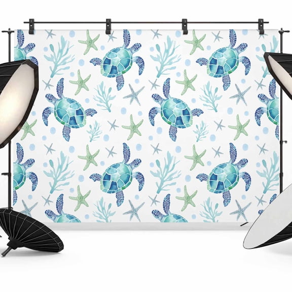 Sea Turtle Backdrop for Photography, Ocean Starfish Watercolor Coral Photo Backdrop Portrait Background Party Banner Photo Backgrounds for Studio Booth Props, 10x8ft