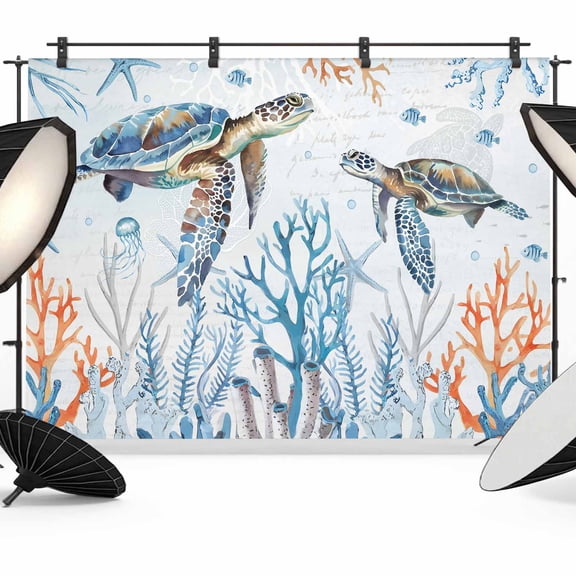 Sea Turtle Backdrop for Photography, Seagrass Coral Starfish Jellyfish Ocean Retro Photo Backdrop Portrait Background Party Banner Photo Backgrounds for Studio Booth Props, 7x5ft