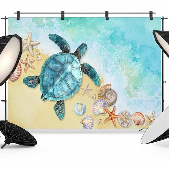Sea Turtle Backdrop for Photography, Summer Turquoise Ocean Watercolor Shell Conch Photo Backdrop Portrait Background Party Banner Photo Backgrounds for Studio Booth Props, 7x5ft