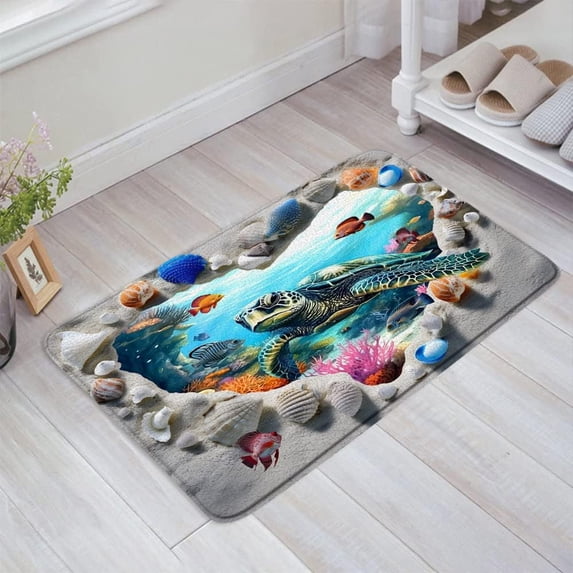 Sea Turtle Bath Mat Bathroom Rug, Ocean Beach Shell Underwater World Colorful Fish Coral Summer Kitchen Bedroom Livingroom Soft Floor Rug