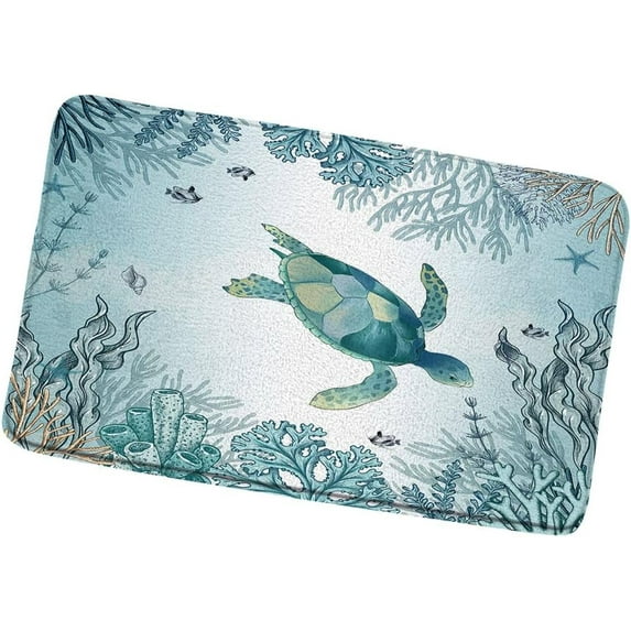 Sea Turtle Bath Mat Marine Life Ocean Animal Bathroom Rugs Nautical Watercolor Coral Costal Beach Theme Bedroom Kitchen Toilet Indoor Floor Decor 16x24 in