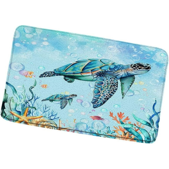 Sea Turtle Bath Mat Marine Life Ocean Animal Bathroom Rugs Nautical Watercolor Coral Costal Beach Theme Bedroom Kitchen Toilet Indoor Floor Decor 17.8x29.5 in