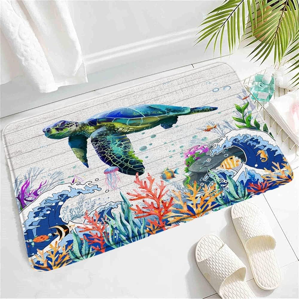 Sea Turtle Bath Mat,Nautical Ocean Teal Animal Great Wave Coral Seaweed