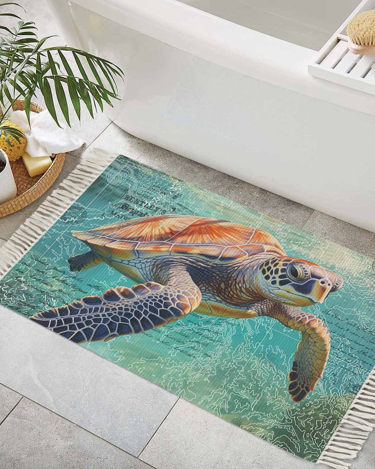 Turtle Rug Runner Sea Turtle Bath Rug 2x3ft Woven Bathroom Entryway Runner Rug,Coastal ...