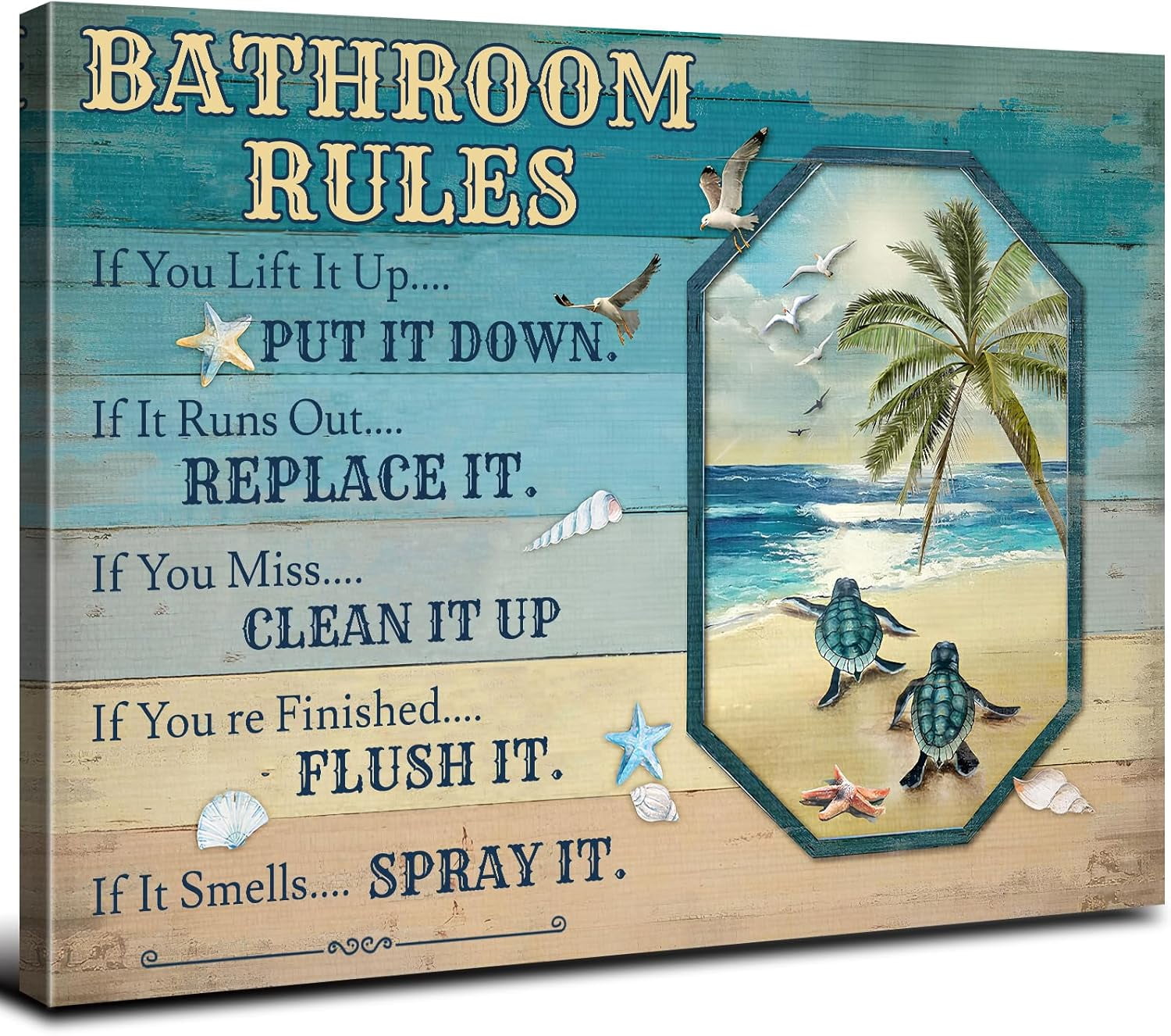 Sea Turtle Bathroom Decor Teal Blue Bathroom Rules Wall Art Rustic Beach  Themed Funny Quotes Words Pictures Toilet Sign Canvas Prints Artwork for ..., image size:1500x1326