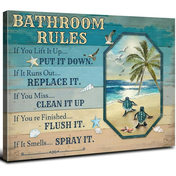 Sea Turtle Bathroom Decor Teal Blue Bathroom Rules Wall Art Rustic Beach Themed Funny Quotes Words Pictures Toilet Sign Canvas Prints Artwork for Bathroom Door Restroom Laundry Home Decorations 12x16"