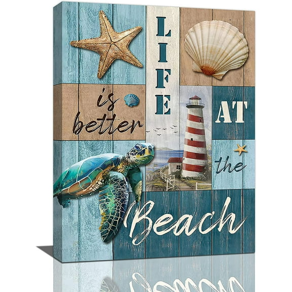 Sea Turtle Bathroom Decor Wall Art Beach Lighthouse Ocean Nautical Shell Inspirational Quotes Pictures Wall Decor Canvas Painting Prints Artwork Decorations Framed for Bathroom Bedroom 12"x16"