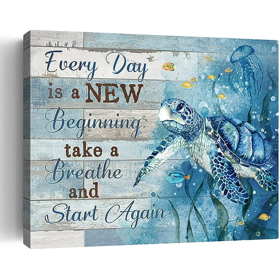 Sea Turtle Bathroom Decor Wall Art Every Day is New Beginning Turtle Pictures Canvas Ocean Turtle Decor Nautical Bathroom Decor Quotes Sea Turtle Wall Decor For Bedroom Framed 12x16inch