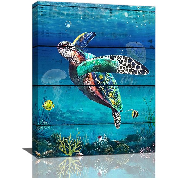 Sea Turtle Bathroom Decor Wall Art Nautical Ocean Teal Sea Turtle Pictures Wall Decor Navy Blue Turtle Canvas Painting Prints Framed Modern Home Artwork for Bathroom Bedroom Living Room 12"x16"