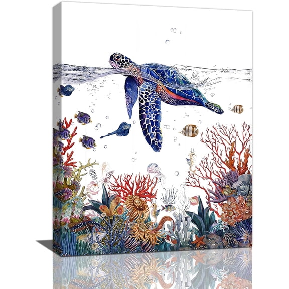 Sea Turtle Bathroom Decor Wall Art Ocean Theme Canvas Prints Fish Sea Life Wall Decor Sea Turtle Pictures Painting Framed Modern Artwork For Living Room Bedroom Office 12"x16"