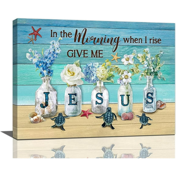 Sea Turtle Bathroom Decor Wall Art Teal Flowers Bottles Seashells Pictures Canvas Print Christian Jesus Quotes Artwork for Bathroom Living Room Bedroom Framed 16"x12"