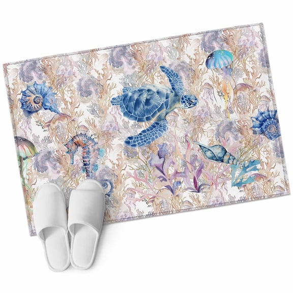 Sea Turtle Bathroom Mat 2x3 FT, Non Slip Small Kitchen Mat, Summer Coastal Nautical Coral Seahorse Washable Soft Backed Front Door Throw Rug Non-Shedding Indoor Outdoor Doormat for Entryway Sink