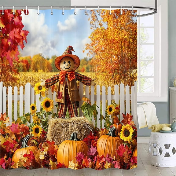 Fall Shower Curtain, Fall Autumn Rustic Harvest Thanksgiving Shower Curtain Farmhouse Pumpkin Bathroom Accessories with Hooks, 70X70IN, Multi4