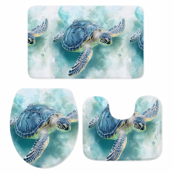 Sea Turtle Bathroom Rugs Set Blue Turtle Ocean Animal Abstract Modern Art Non Slip Absorbent Soft Bath Mats 3 Piece Set with Bathroom Rug, U-Shaped Floor Mat, Toilet Seat Cover Small Size